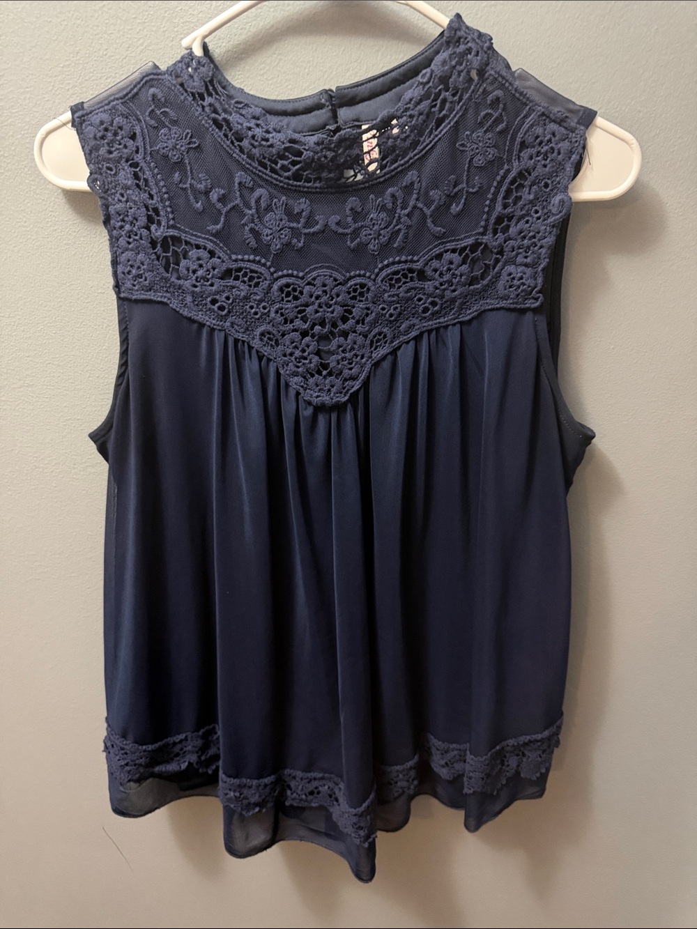 Pinky Navy Sleeveless Crochet Yoke Blouse